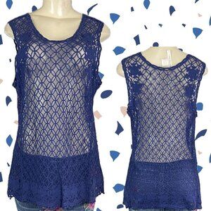 Forgotten Grace L Navy Blue Sheer Mesh Floral Crochet Scoop Neckline Tank Top